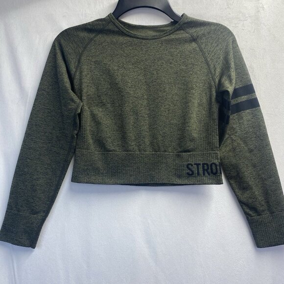 STRONGER Round Neck Long Sleeve Cropped Athletic Top Girls XS/S Green Stretch - Picture 1 of 12